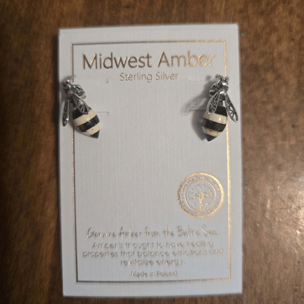 Midwest Amber Sterling Silver Bee Earrings